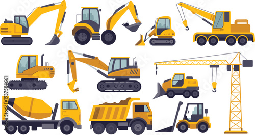 Set of construction heavy equipment vehicles including excavator bulldozer crane dump truck cement mixer forklift backhoe loader flat vector illustration