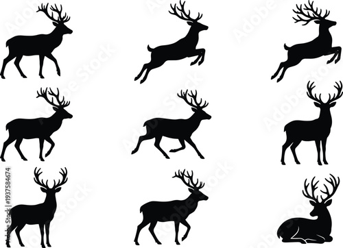 Collection of nine deer silhouettes in various poses including standing, walking, running, leaping, and lying, vector illustration design for wildlife, animals, hunting, and nature concepts.