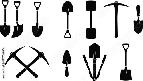 Collection of nine digging and gardening tool silhouettes including shovels, spades, trowels, and pickaxes, vector illustration design for outdoor work, excavation, landscaping, and agriculture.