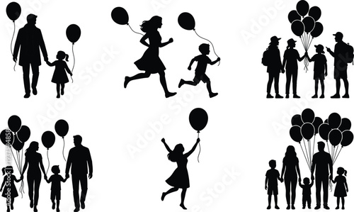 Collection of six family silhouettes holding balloons, joyful vector illustration design showing adults and children celebrating together, symbolizing happiness, bonding, parenting, lifestyle,