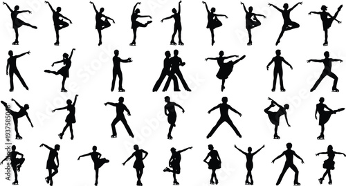Set of figure skating silhouettes, elegant ice dancers and athletes performing various jumps and spins vector illustrations, isolated on white background, winter sports.