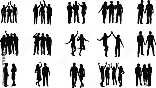 Set of Fifteen Black Silhouette Vector Illustrations Featuring People Groups Friends and Couples High Five Walking Dancing and Talking for Social and Community Designs