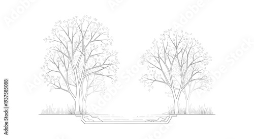 Bare trees in winter, architectural drawing, cross-section of ground and roots