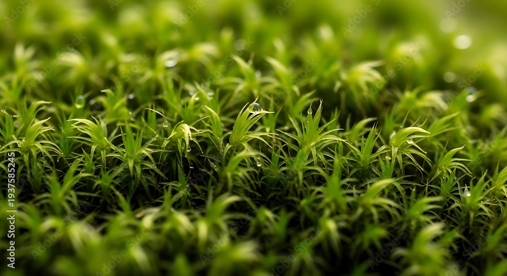 Fototapeta premium Vibrant green moss carpet with glistening water droplets, showcasing nature's intricate texture and serene beauty