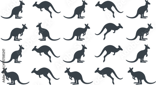Collection of sixteen kangaroo silhouettes in various poses including standing, crouching, and jumping, wildlife animal vector illustration design for nature, Australia, and educational art purposes.