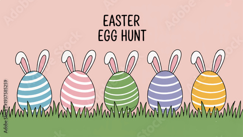 Colorful easter eggs with bunny ears in grass easter egg hunt concept with pastel background
