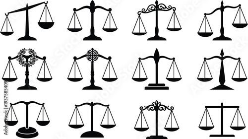 Collection of twelve balance scale silhouettes in varied ornate and minimalist styles, symbolic vector illustration design representing justice, fairness, law, ethics, and equality concepts.