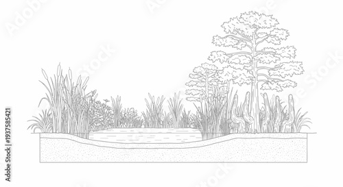 Wetland Ecosystem Cross-Section: Aquatic Plants, Trees, and Water Body