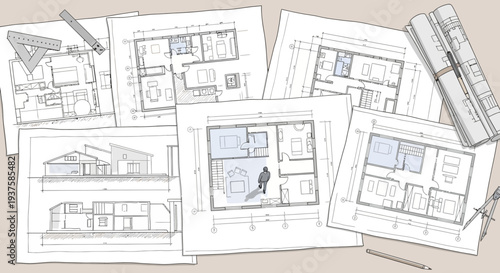 Architectural blueprints and sketches of houses, construction plans, and tools