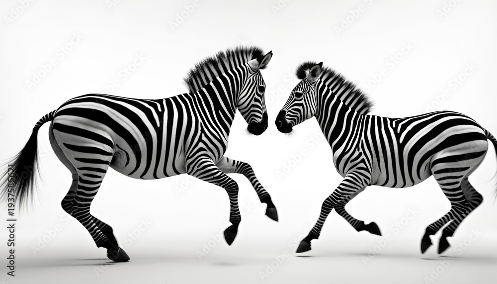 Obraz premium Two zebras run side by side in a graceful pose. Their distinctive black and white stripes are clearly visible against a plain background. Dynamic movement captured.