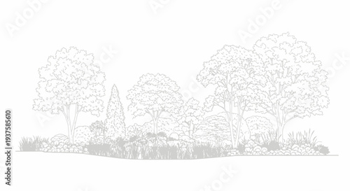 Hand-drawn sketch of a lush garden landscape with trees, shrubs, and grass, white background