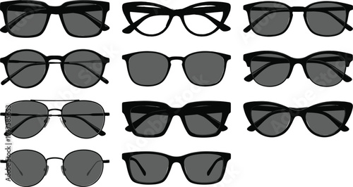 Collection of twelve eyeglass and sunglass silhouettes featuring diverse frame styles including round, rectangular, aviator, and cat-eye designs, vector illustration for fashion, accessories, 