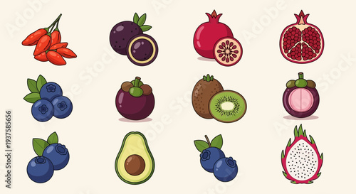 Twelve fruit illustrations arranged in a threebyfour grid on a light background