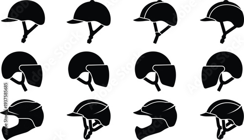 Collection of twelve helmet silhouettes in varied styles including simple, visor, and full-face designs, safety gear vector illustration for sports, protection, military, and equipment art.
