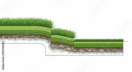 Cross-section of layered soil and grass showing root structure and soil strata