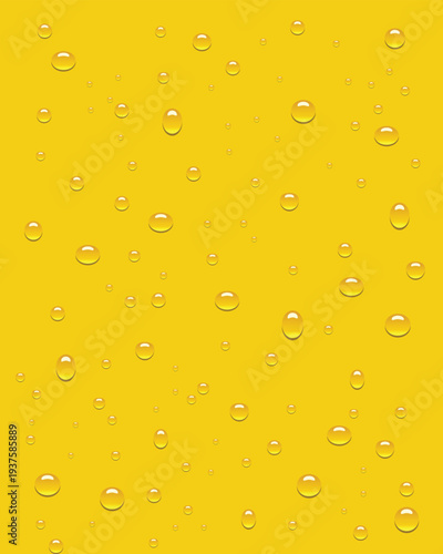 Yellow background with realistic water droplets, fresh liquid splash texture perfect for juice, beverage ads, summer designs, and packaging.