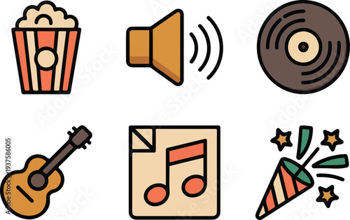 Retro entertainment icon set with popcorn speaker vinyl record acoustic guitar musical notes and party popper on black background