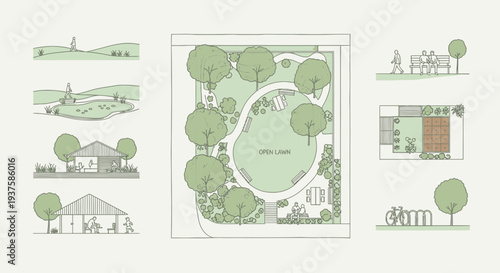 Park design plan with landscape elements, people, and amenities