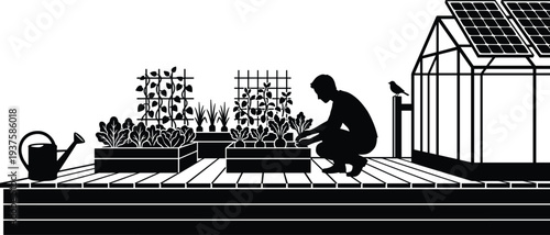 Urban rooftop garden silhouette with gardener tending raised beds, greenhouse with solar panels, sustainable home farming, eco friendly city gardening concept