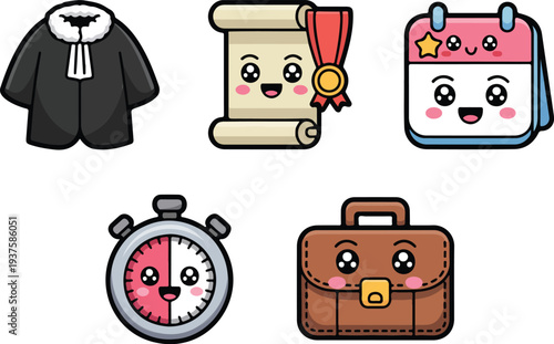 Cute cartoon law and office icon set with judicial robe scroll seal calendar stopwatch and briefcase on black background
