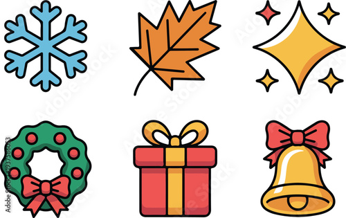 Colorful seasonal holiday icon set with snowflake autumn leaf sparkler Christmas wreath gift box and golden bell on black