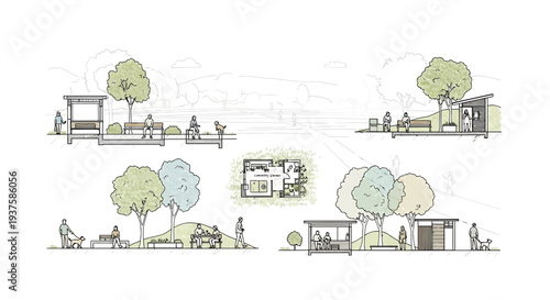 Architectural Design Concept: Modern Park Pavilion and Landscape Sections
