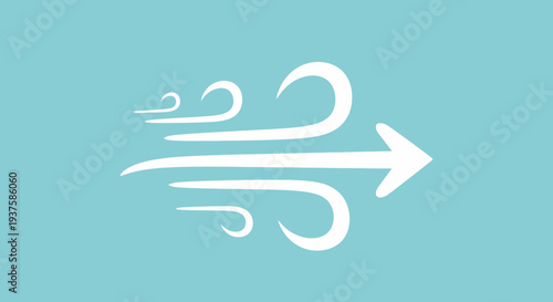 White wind icon with arrow on blue background, representing air flow and movement
