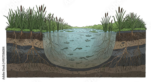 Cross-section of a pond ecosystem showing aquatic life, plant roots, and soil layers