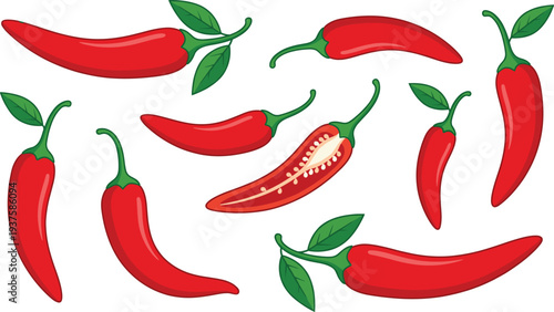 Cartoon collection of nine red chili peppers with green stems, sliced open detail showing seeds, vibrant spicy vegetable illustration for cooking, food design, and agriculture art.