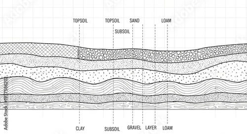 Soil Layers Cross-Section Diagram: Topsoil, Subsoil, Clay, Sand, Gravel, Loam