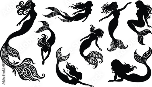 Collection of eight mermaid silhouettes in graceful poses with flowing hair and ornate tails, vector illustration design for fantasy, mythology, sea creatures, art, and decoration.