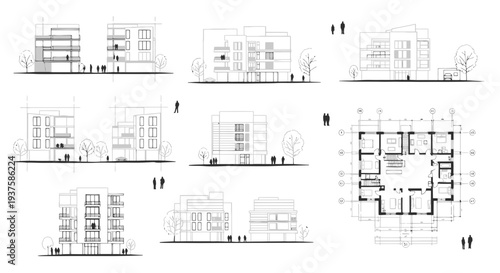 Architectural Drawings of Modern Apartment Buildings and Floor Plan