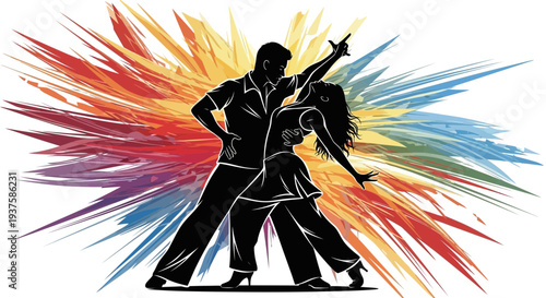 Dynamic Couple Dancing Salsa with Colorful Explosion Background