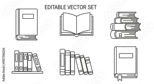 Editable Vector Set of Book Icons: Open, Closed, Stacked, and on Shelf