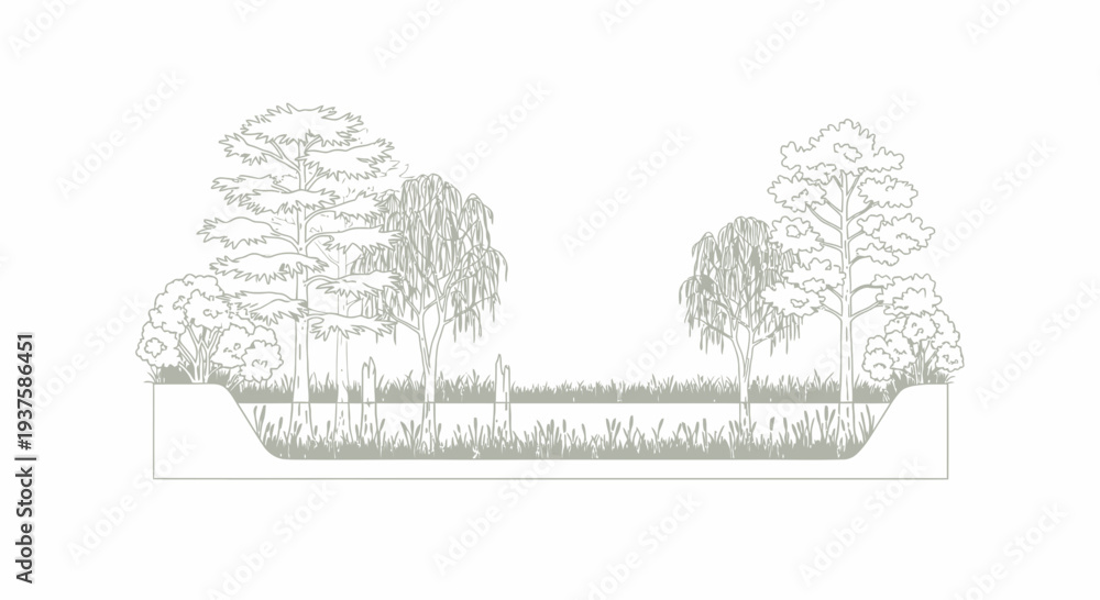 Fototapeta premium Wetland Ecosystem Illustration: Diverse Flora in a Waterlogged Landscape