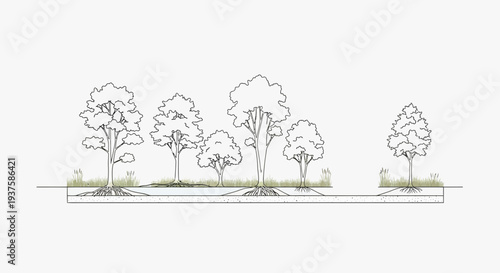 Cross-section illustration of trees and grass with exposed root systems and soil layers.