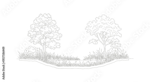 Cross-section of a bioswale with trees, grass, and water, illustrating sustainable drainage