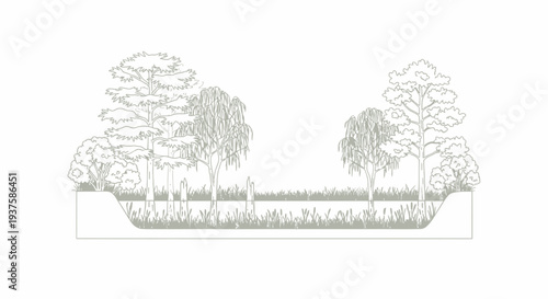 Wetland Ecosystem Illustration: Diverse Flora in a Waterlogged Landscape