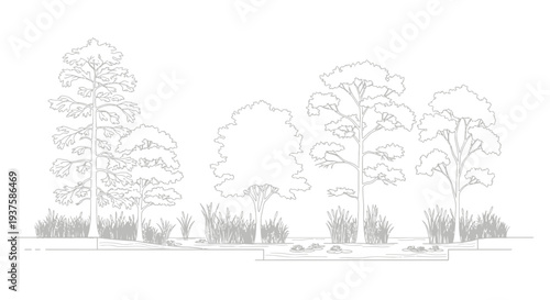 Minimalist line drawing of a serene natural landscape with trees and water