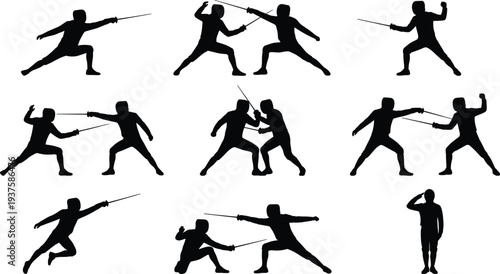 Collection of eleven fencing silhouettes showing lunges, parries, attacks, duels, and salutes, vector illustration design for combat sport, training, agility, precision, and motion studies.