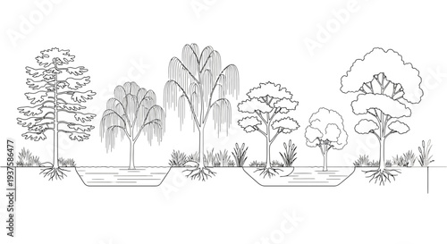 Diverse Trees and Water Features in Cross-Sectional Landscape Design