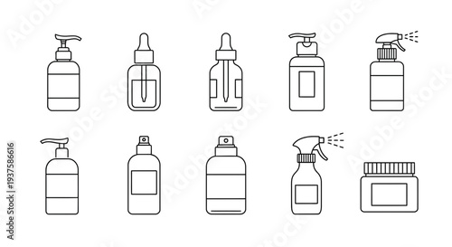 Cosmetic Bottles Set: Skincare, Beauty Products, Packaging Icons, Vector Line Art