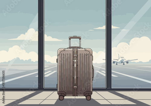 Suitcase stands ready by large airport windows with airplane on runway in background symbolizing travel plans and departure anticipation