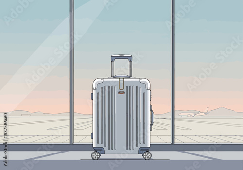 Silver Suitcase Standing Ready Near Large Window Overlooking Airport Tarmac During Sunrise