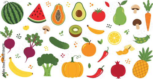 Fresh Fruits and Vegetables Collection with Watermelon Avocado Banana Pumpkin Tomato Carrot and Broccoli Healthy Food Vector Illustration