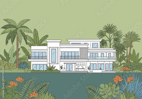 Modern White Luxury Mansion With Tropical Lush Vegetation Lush Greenery And Vibrant Orange Flowers Surrounding A Large Estate Exterior
