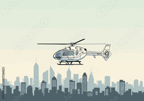 Modern helicopter flies over a silhouetted cityscape during the day with a muted sky background representing urban aerial transport and modern