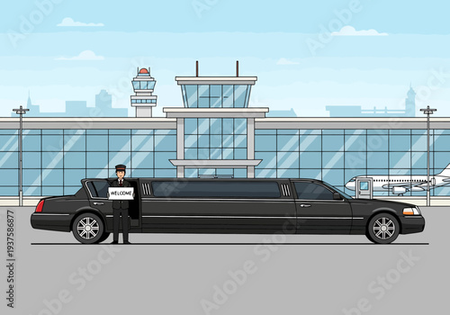 Professional Chauffeur Welcomes VIP Passenger To Luxury Stretch Vehicle Outside Modern Airport Terminal Building