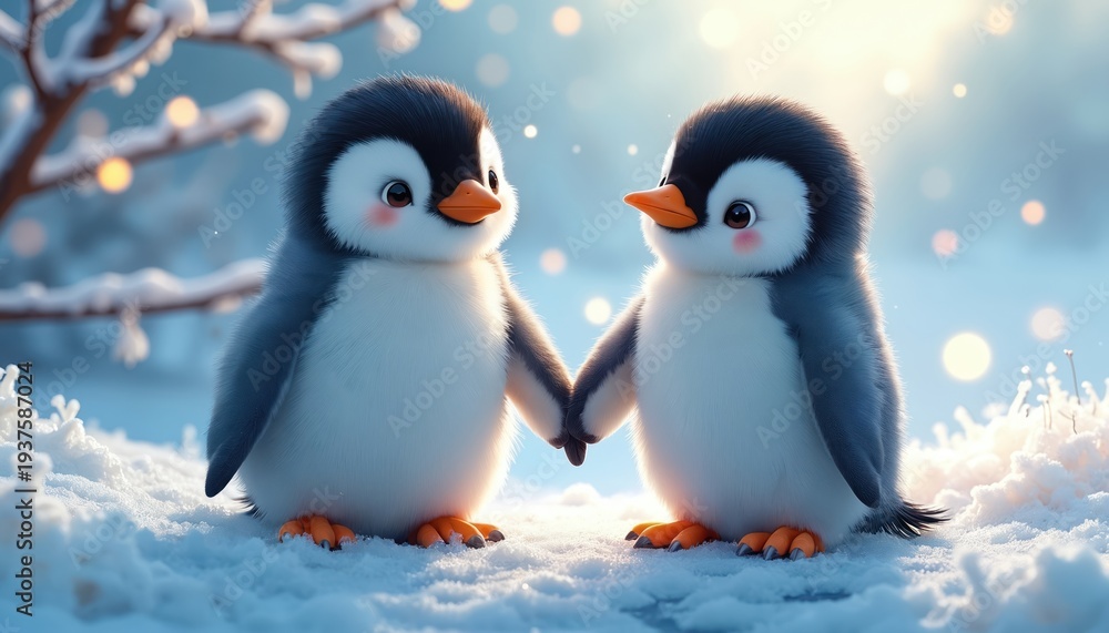 Obraz premium Two cute baby penguins stand together holding hands in snowy winter landscape. Soft light sparkles on ice and snow. Adorable fluffy birds feel happy and peaceful in nature.