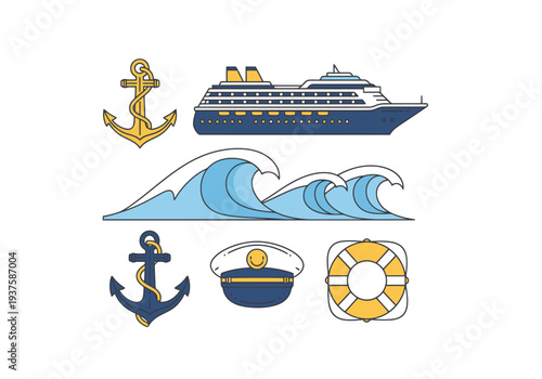 Collection of Nautical Maritime Symbols Including Cruise Ship Anchors Waves Hat and Lifebuoy Isolated on White Background for Marine Themed Design